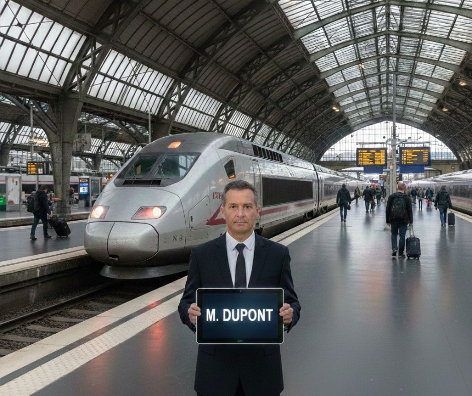 Chauffeur taxi avec tablette attendant client à la gare Part-Dieu avec pancarte